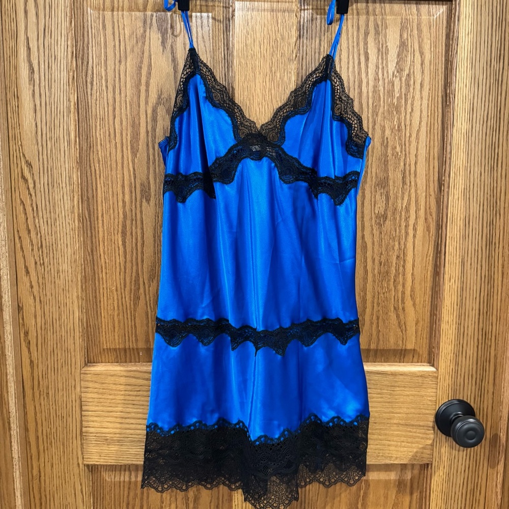 Victoria's Secret Royal Blue Satin Slip with Black Lace Trim